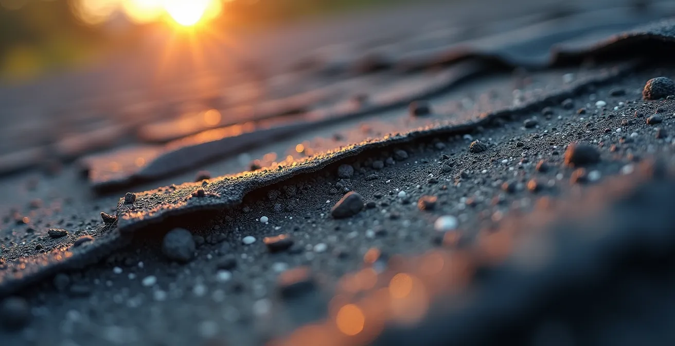 Macro detail of damaged shingle texture showing granule loss