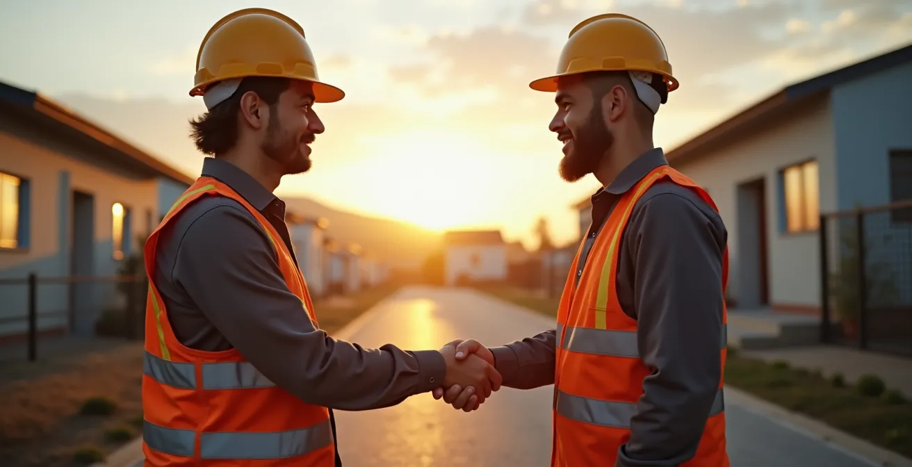 Professional handshake between contractor and client with hard hats in background